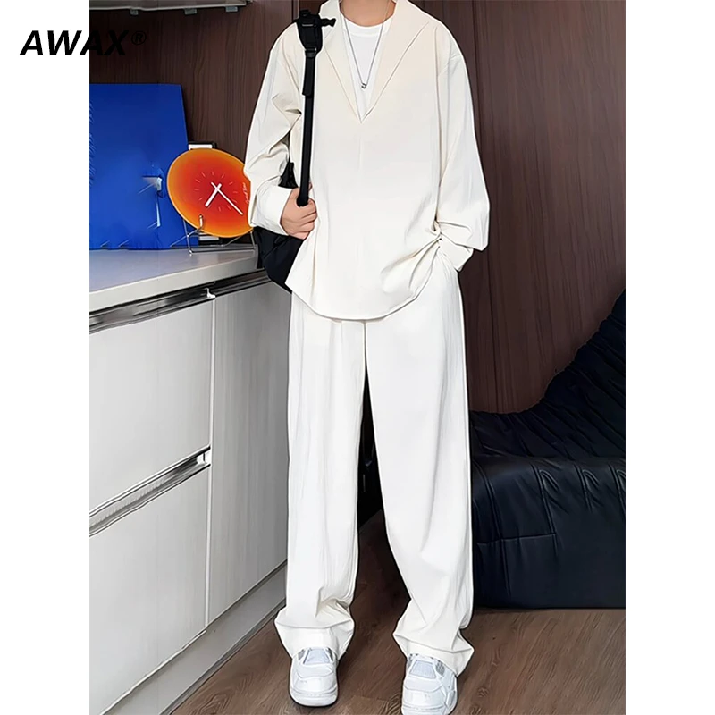 秋季新款假两件v领衬衫男老钱风垂感西装裤一套搭配痞帅气两件套