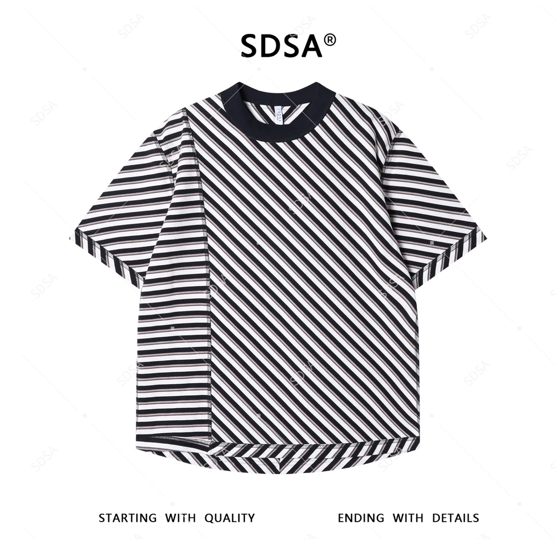 夏季高级感新款男士美式撞色斜纹短袖T恤下摆不规则设计圆领上衣