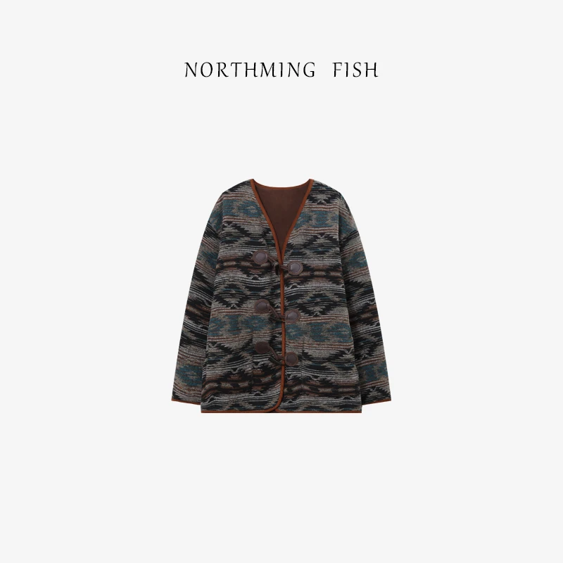 NORTHMING FISH「印第安纳」复古氛围感 印第安纹牛角扣毛呢外套