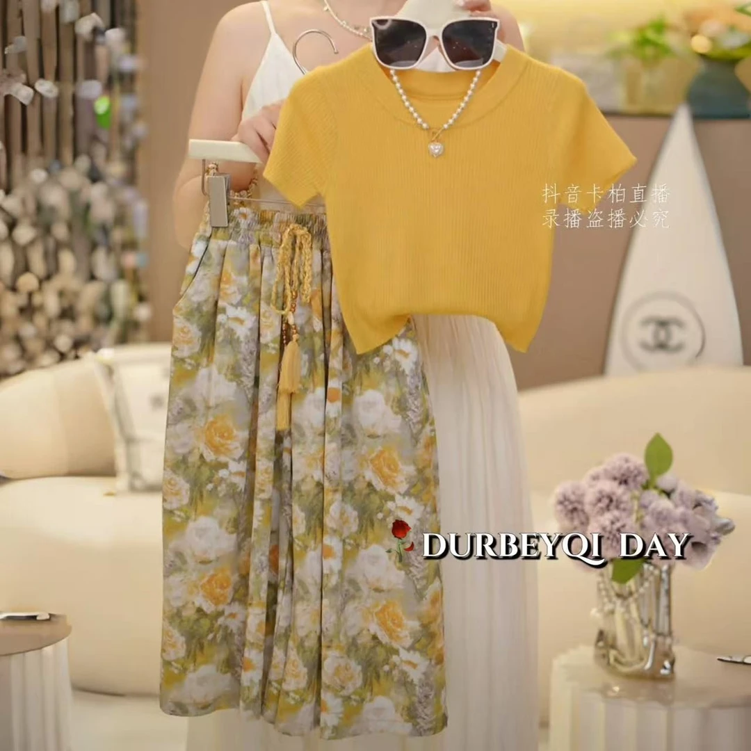 独特洋气时髦女童装2025圆领短袖碎花裤套装5331