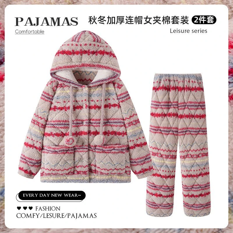 2025冬季睡衣女条纹长毛绒三层夹棉珊瑚绒加绒加厚保暖连帽家居服