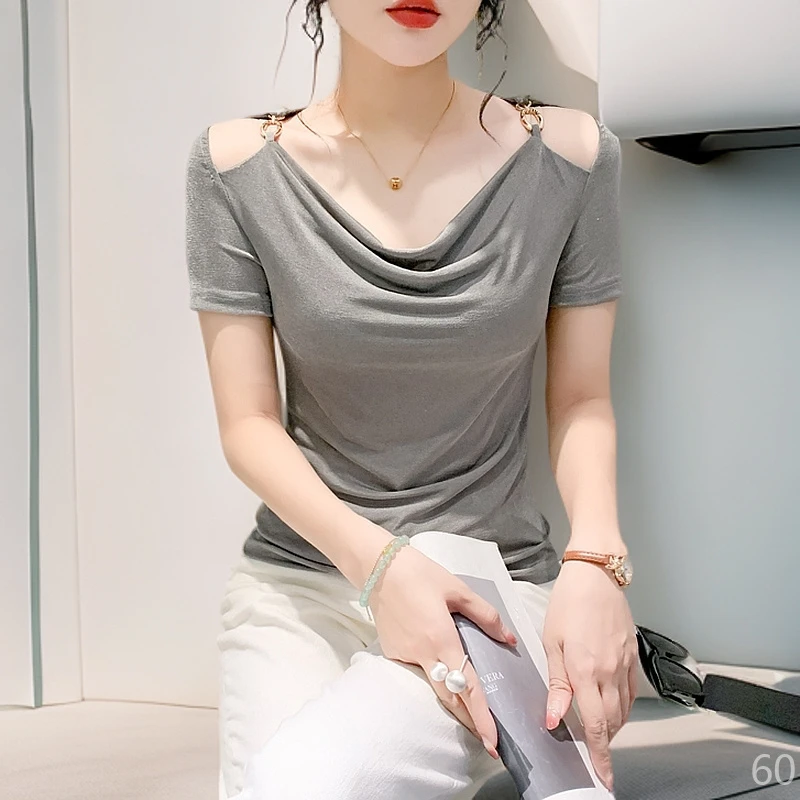 露肩t恤短袖女款爆款2025新款独特漂亮小衫网红半袖时髦女人味高