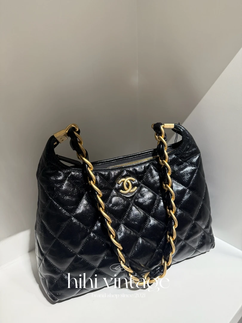 99新 Chanel/香奈儿 黑金油蜡皮粗链条Hobo单肩包/14994158