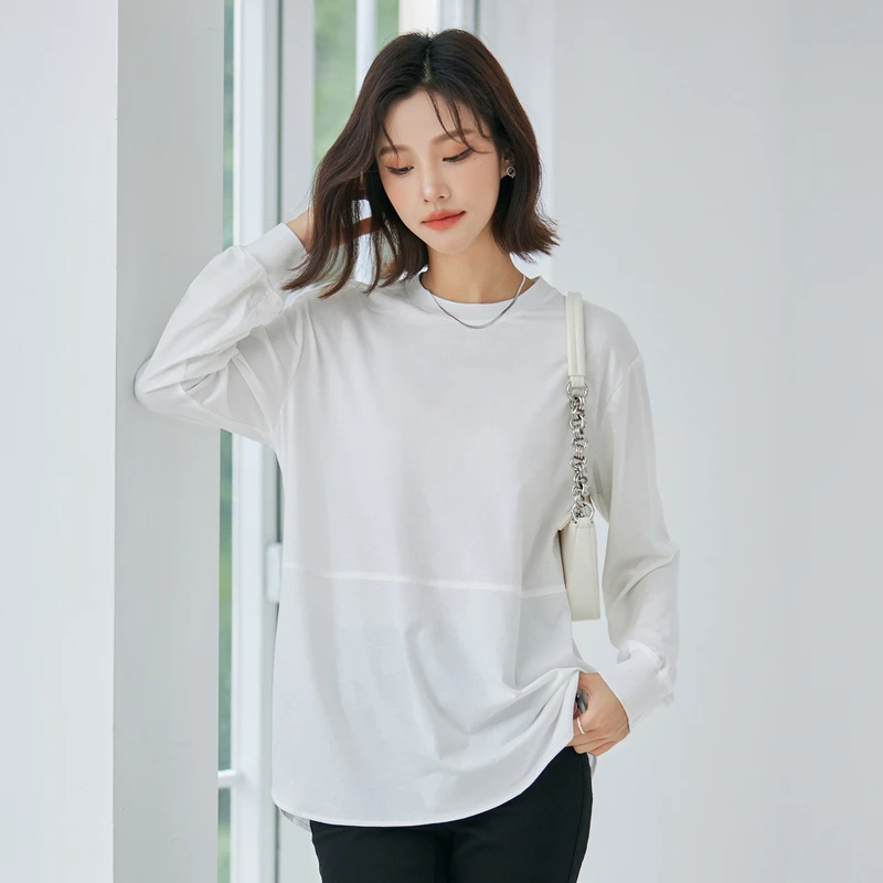 风笛2025长袖白色新款T恤中长款打底衫简约设计感内搭宽松上衣女