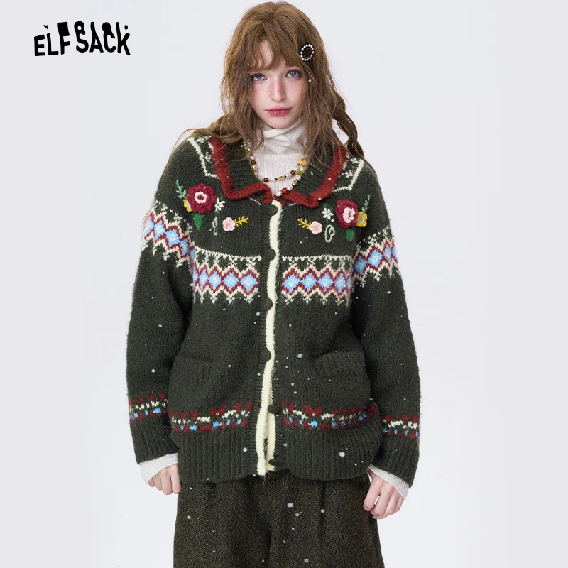 妖精的口袋立体花朵刺绣圣诞毛衣外套女冬费尔岛毛衫25402094