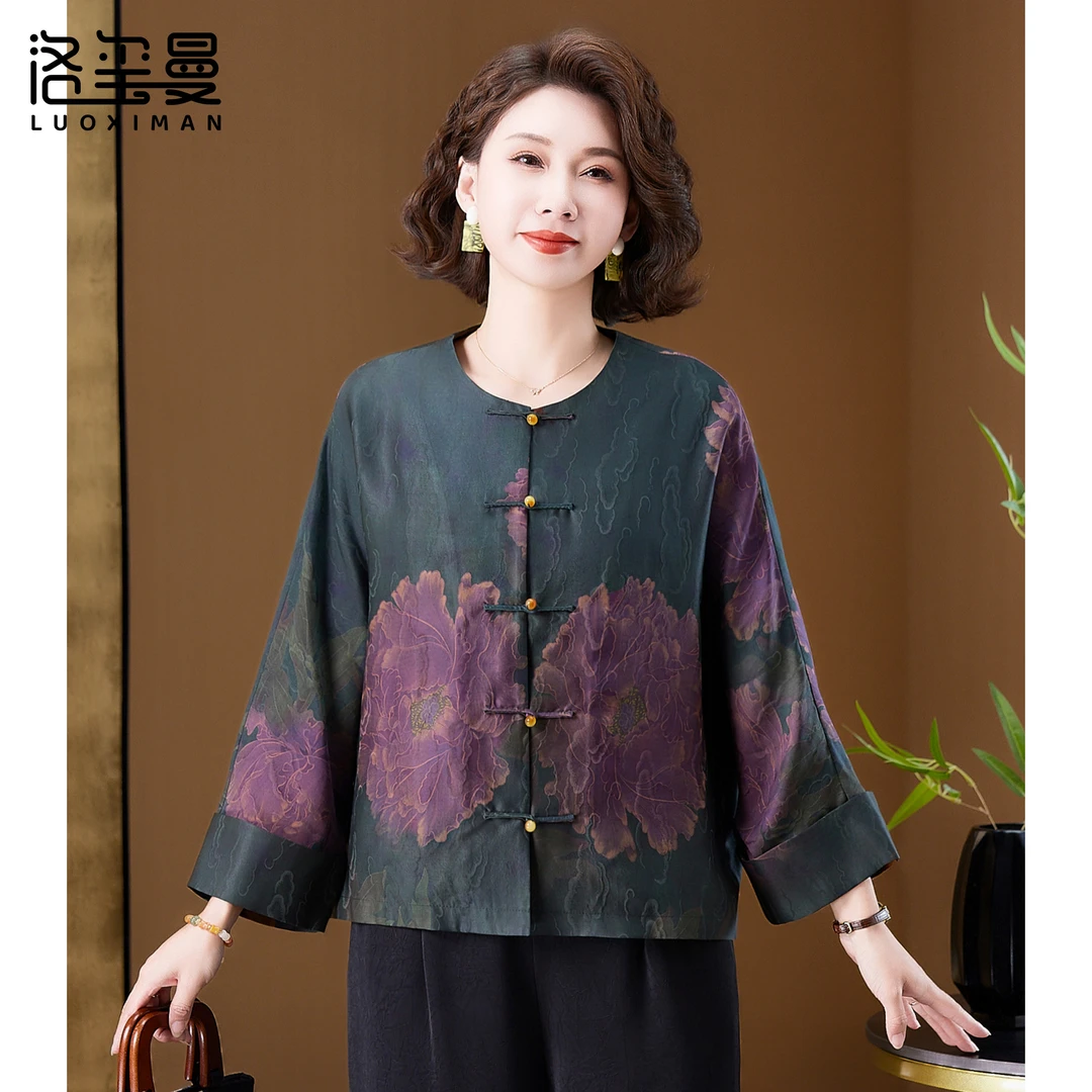 洛玺曼盘扣香云纱上衣女品牌高端国风桑蚕丝真丝复古印花时尚衬衫