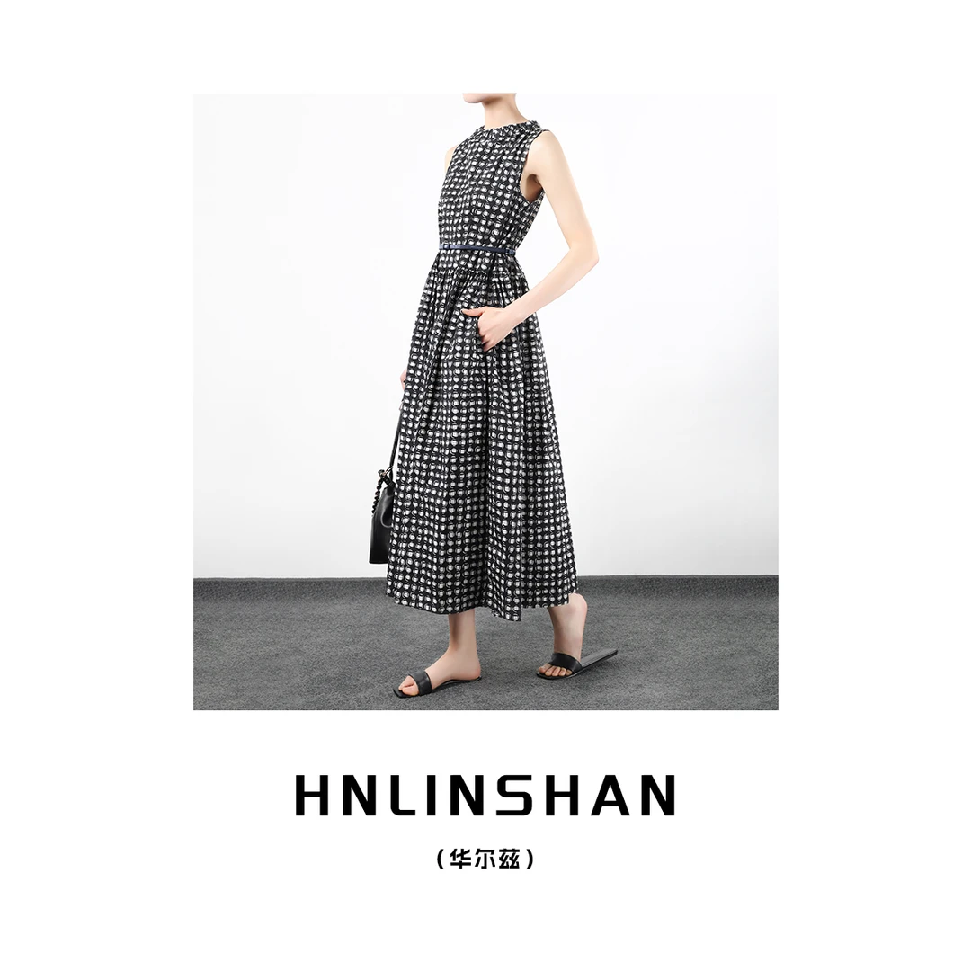 HNLINSHAN【华尔兹】夏新款优雅印花格纹棉府绸连衣裙LS20431509