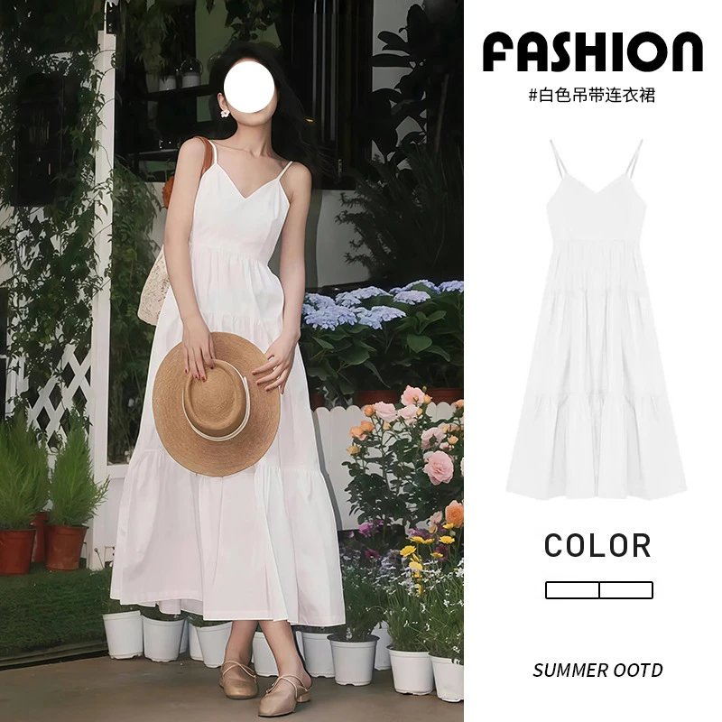 温柔风吊带连衣裙女2025新款夏季收腰通勤一整套蓬蓬蛋糕白色长裙