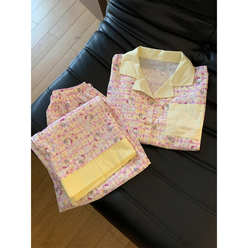 韩系甜美可爱风粉色Kitty长袖睡衣女春秋新款少女格子家居服套装