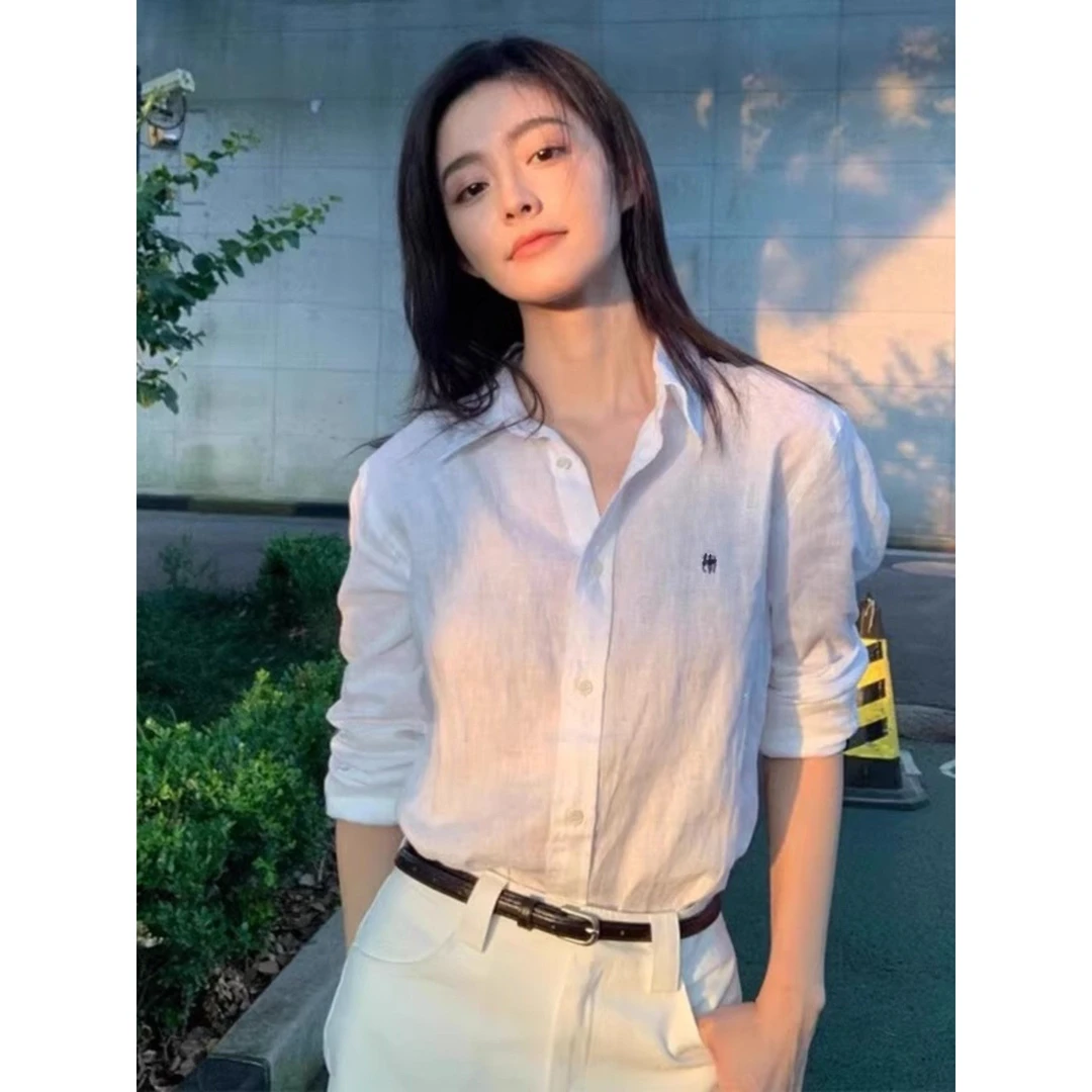 拉夫小马标刺绣上衣女夏季薄款亚麻白色长袖休闲宽松小众防晒衬衫