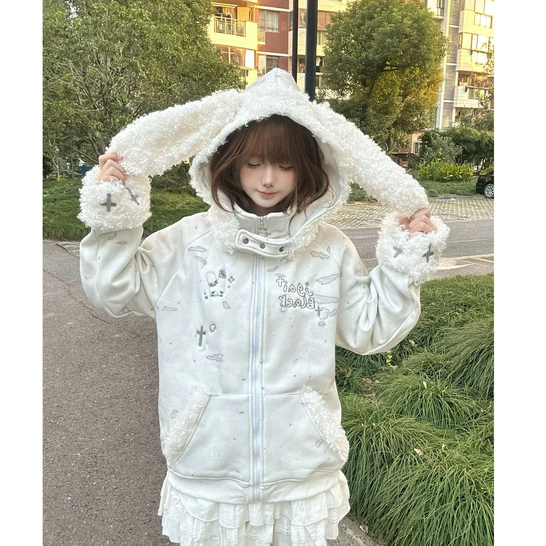 莓U烦恼o/时光机加绒百搭冬季连帽刺绣卫衣ins美式加厚韩版