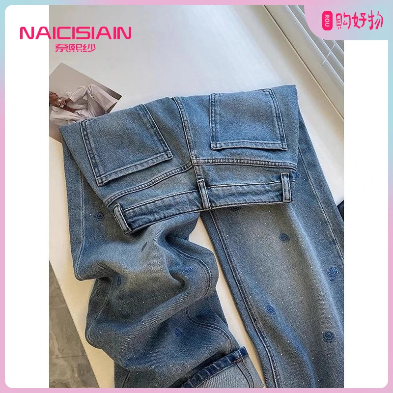 2021复古蓝色玫瑰刺绣烫钻牛仔裤女2025夏季大码新款高腰显2025