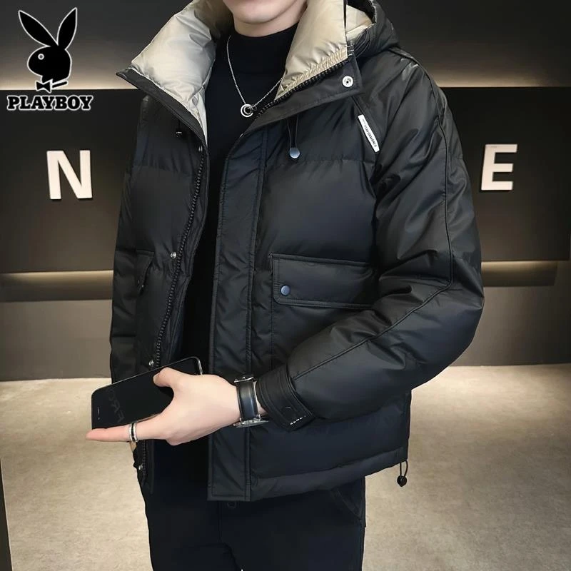 花花公子男士羽绒服冬季2025新款潮流休闲时尚加厚连帽外套男冬装
