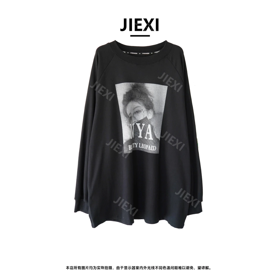 JIEXI设计师秋冬显瘦休闲大版型韩版宽印花云朵绒打底衫T恤jx062