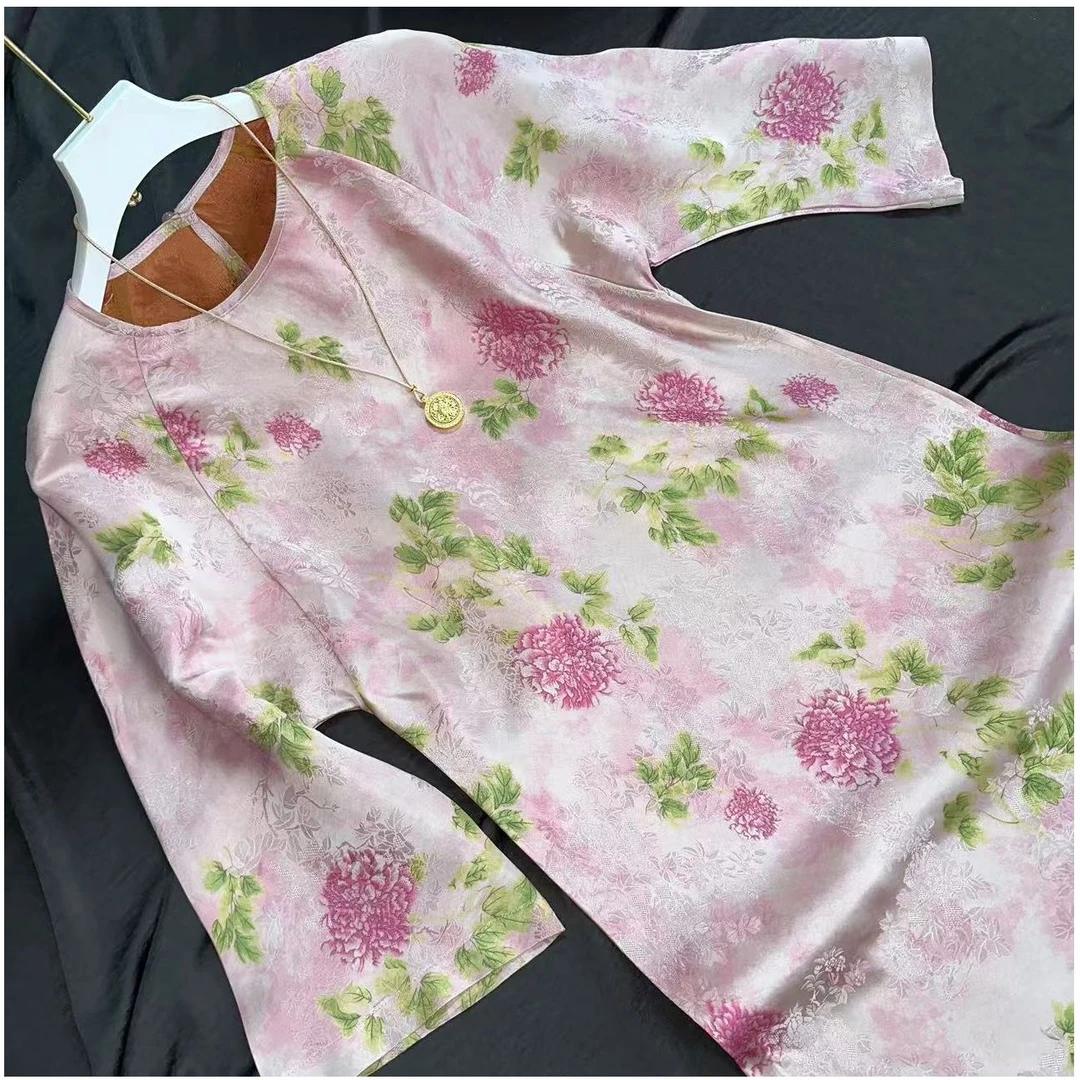 0230-常熟新中式【紫霞】夏季新款气质长款小个子粉色连衣裙