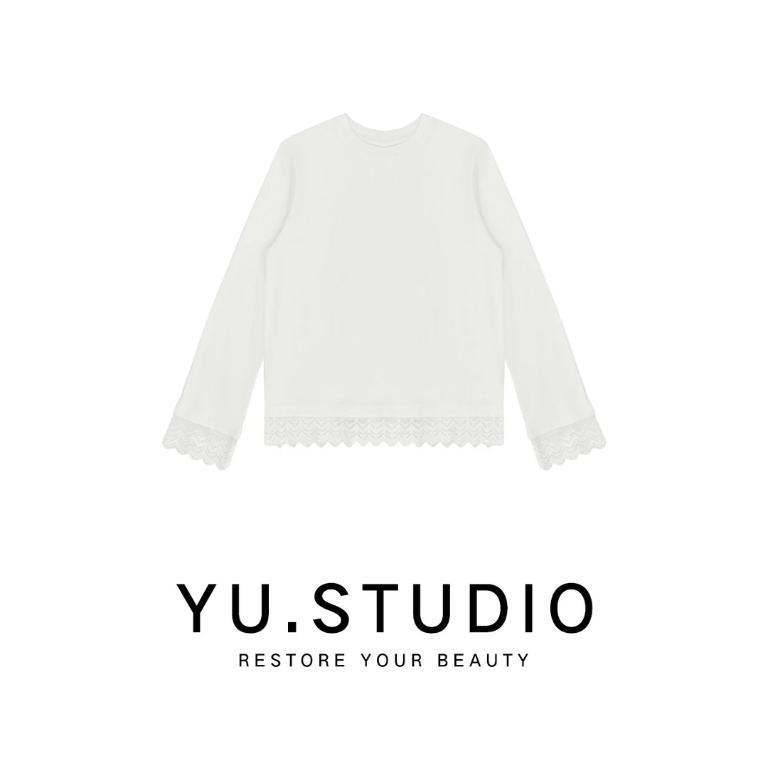 方和屿.长袖圆领T恤百搭休闲蕾丝拼接打底衫时尚秋冬套头衫2987