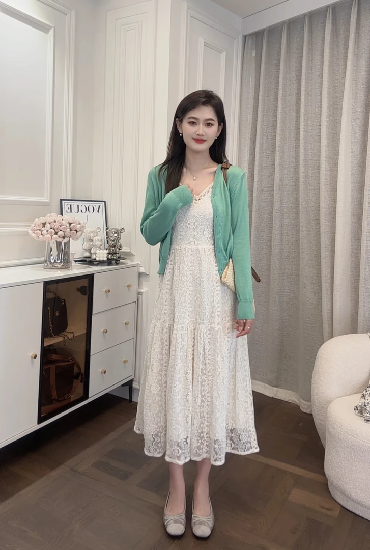 春夏新款重工钩花蕾丝吊带裙温柔风纯色简约韩系高级感