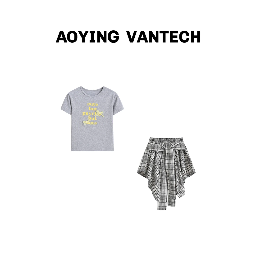 AOYING VANTECH【锡兰碎片】撞色字母蝴蝶结T恤+复古格纹半裙套装
