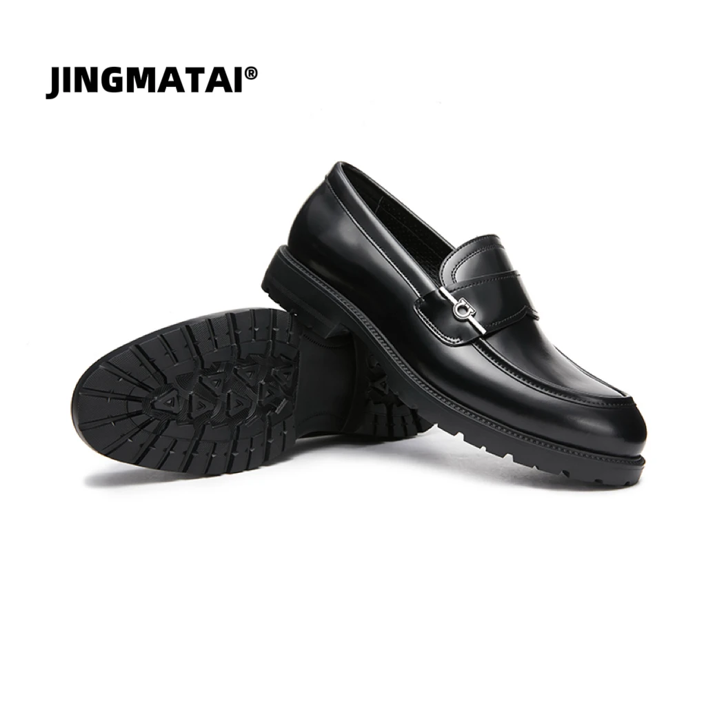 JINGMATAI级男款男士黑色真皮皮鞋英伦风正装德比鞋一脚蹬商务