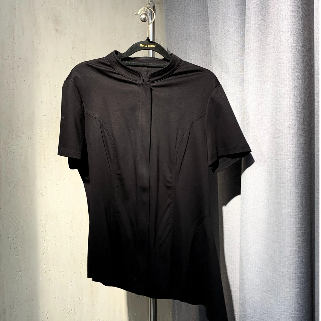 黑色设计师款不对称短袖上衣春夏新款百搭显瘦