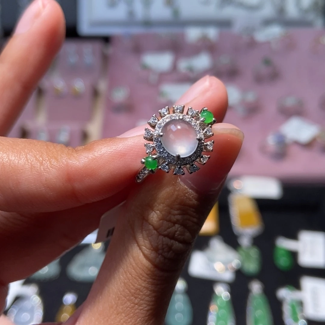 翡翠银S925镶嵌戒指纯天然缅甸翡翠A货戒指