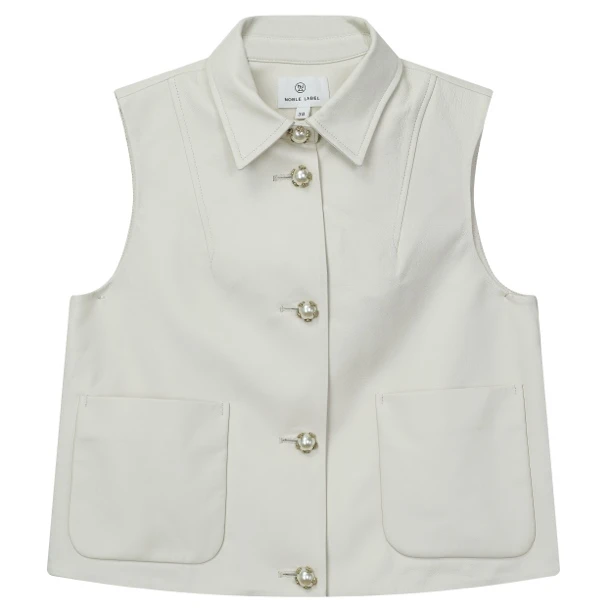 Noble.L 米白色/黑色皮背心极简风秋季常规皮衣翻领日奢风气质