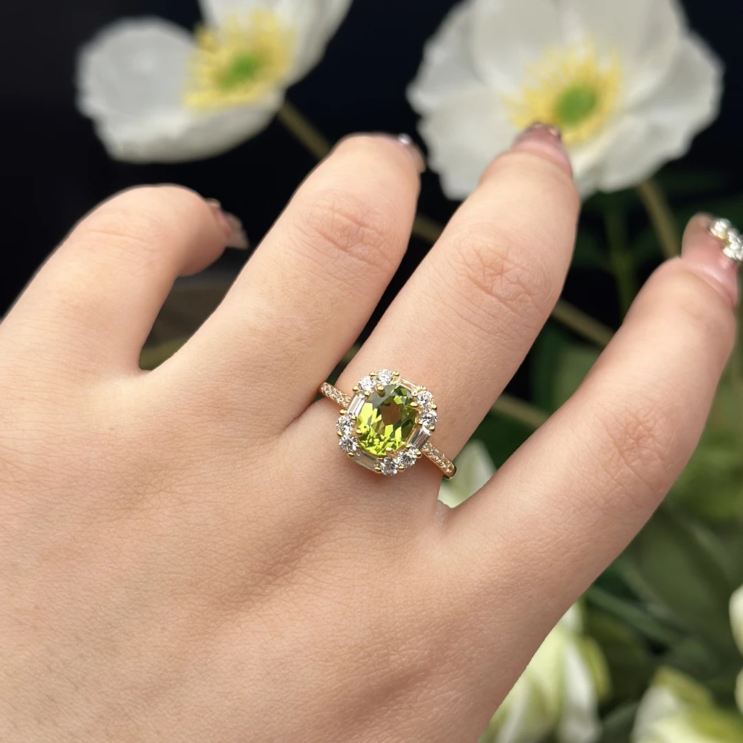 【357】天然橄榄石2克拉豪镶戒指银s925