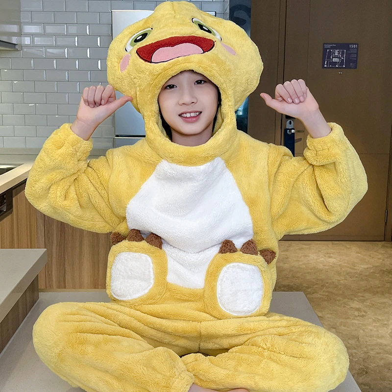 卡通奶龙秋冬季法兰绒儿童睡衣珊瑚绒连帽加绒套装男童女童家居服