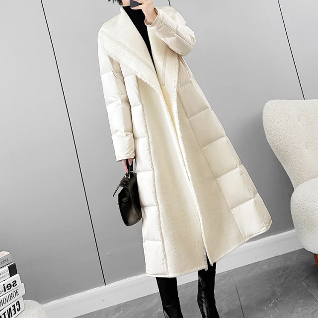 米白色长款鹅绒服2025新款冬季大翻领气质中长款系带白鹅绒大衣女