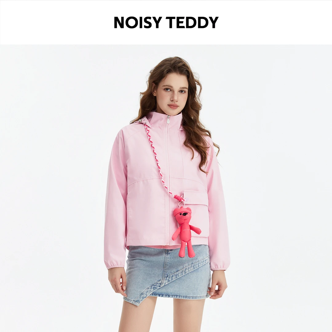 NOISY TEDDY设计款小熊玩偶休闲连帽外套长袖防风时尚拉链开衫