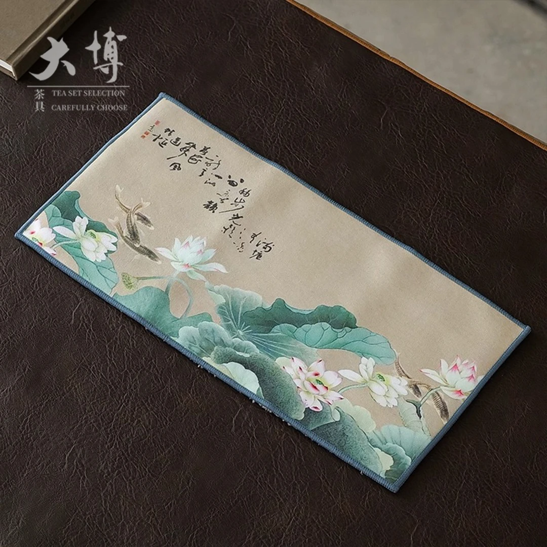 毛绒吸水茶巾彩绘国风禅意荷花毛巾茶布垫X316