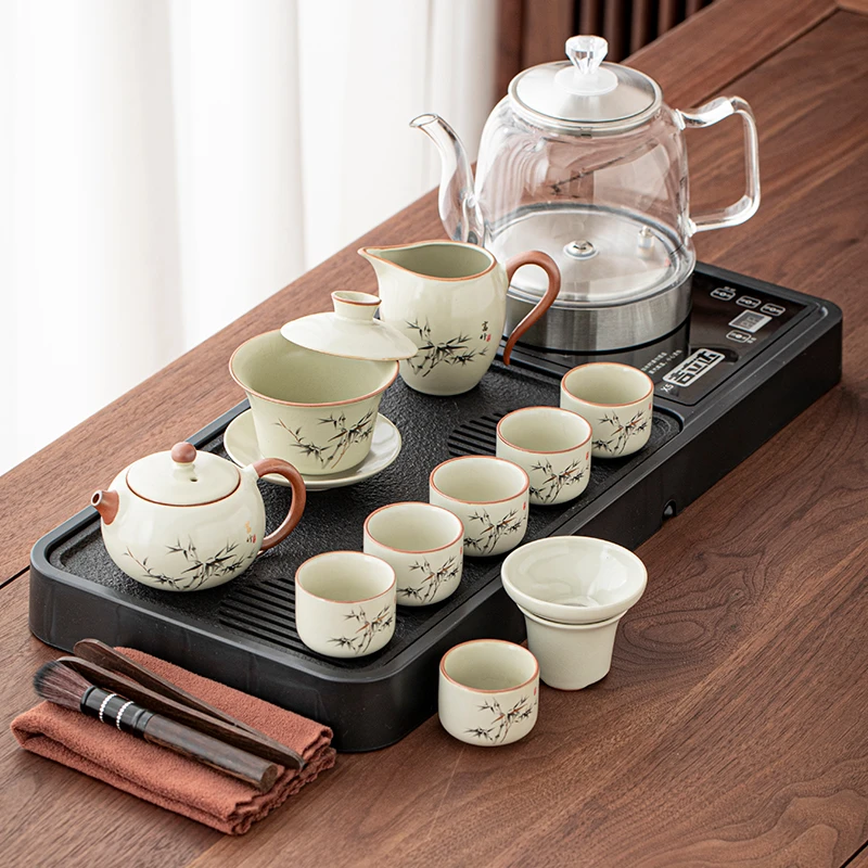 功夫茶具套装喝茶家用陶瓷泡茶盖碗茶壶整套小型干泡烧水壶茶台