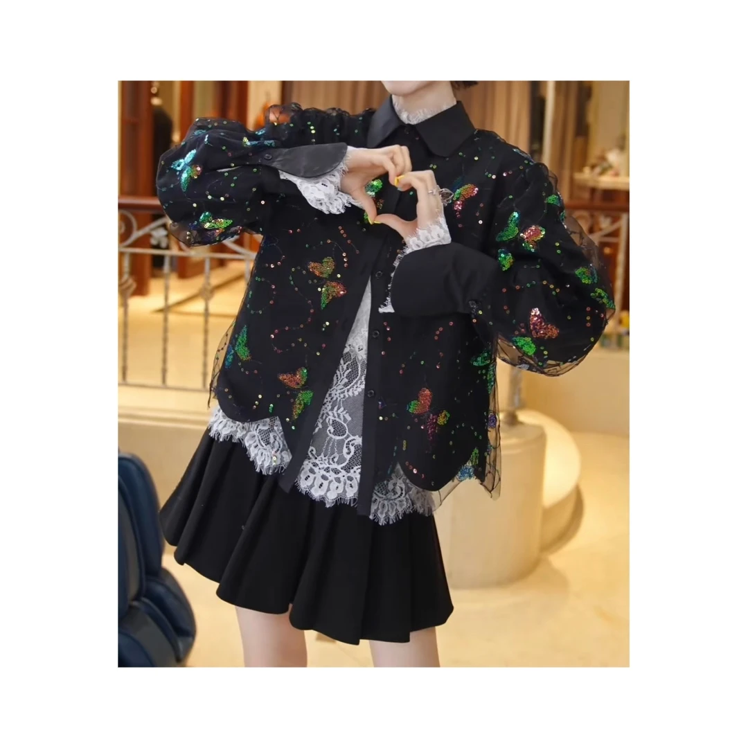 25461636【温柔暮色】精致蝴蝶网纱高级显瘦衬衫