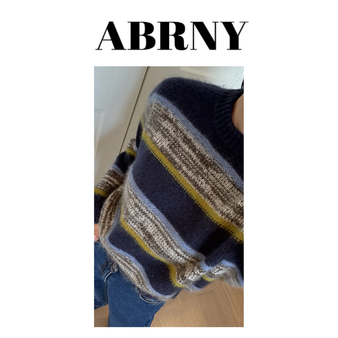 许小黑【复古毛衣】绵羊毛混山羊绒圆领藏蓝条纹提花撞色毛衣86098