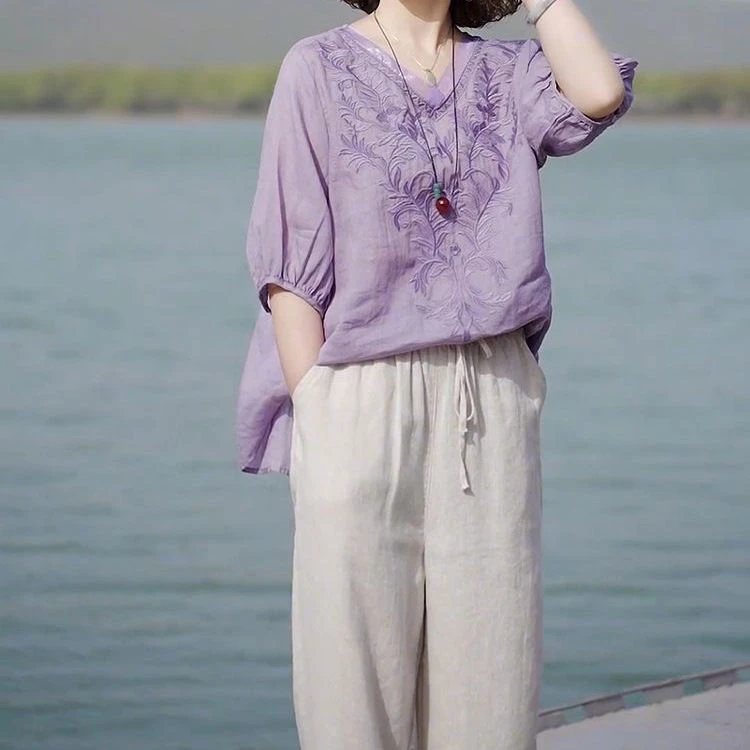 【清货+运费险】棉麻套装显瘦绣花短袖休闲阔腿裤两件套Y9337788