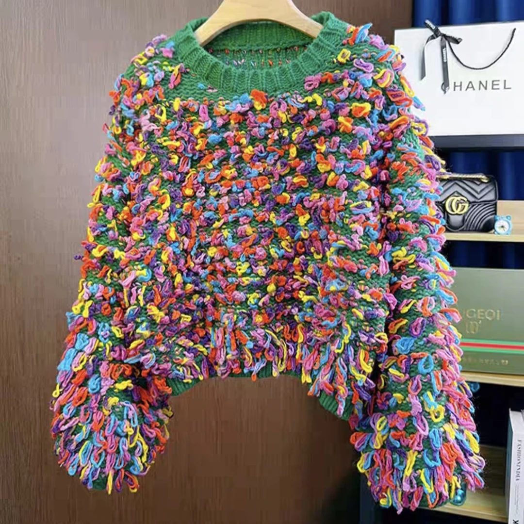 （现货）全手工彩杂线流苏套头针织秋冬新款洋气上衣粗毛线毛衣