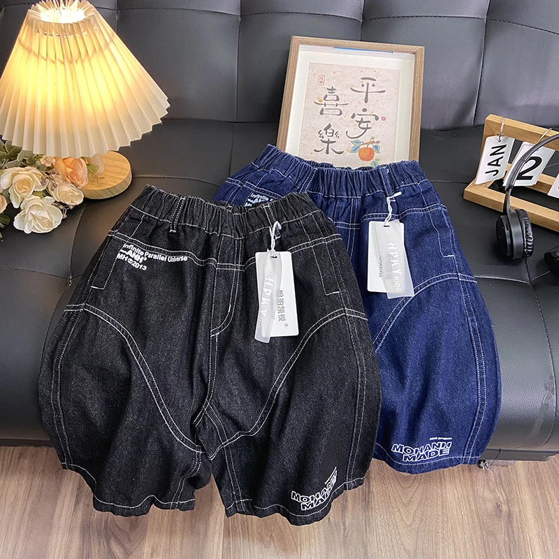 佑妈家童装男女童中大童潮款牛仔短裤 儿童休闲五分裤明线