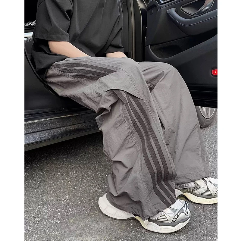 美式速干伞兵冲锋男春夏季薄款三条杠条纹裤子宽松直筒工装阔腿裤