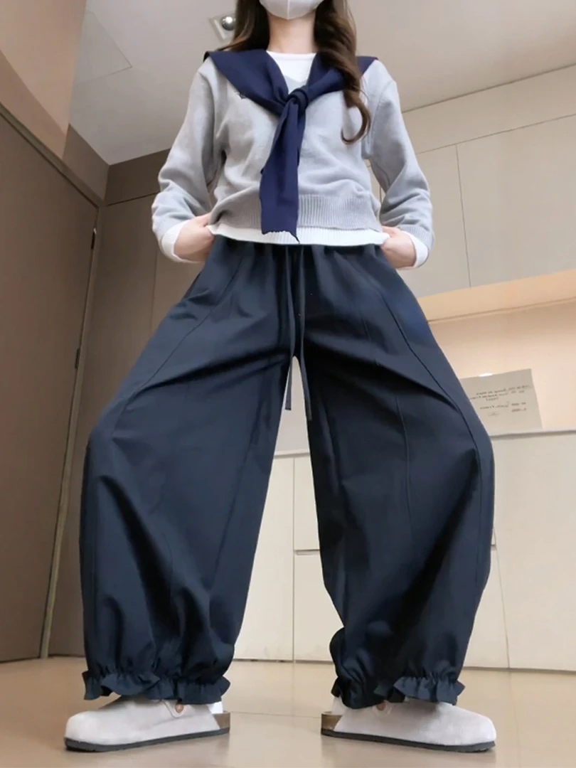 藏青色木耳花边九分灯笼裤秋季新款大码胖mm显瘦阔腿休闲花苞裤