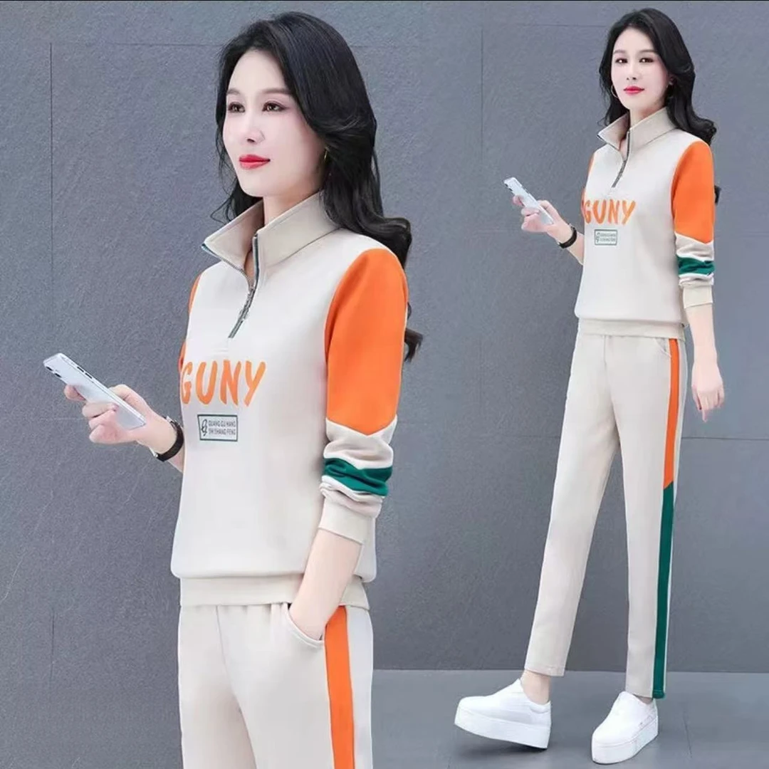 运动套装女春秋2025新款洋气印花减龄宽松妈妈休闲立领卫衣两件套