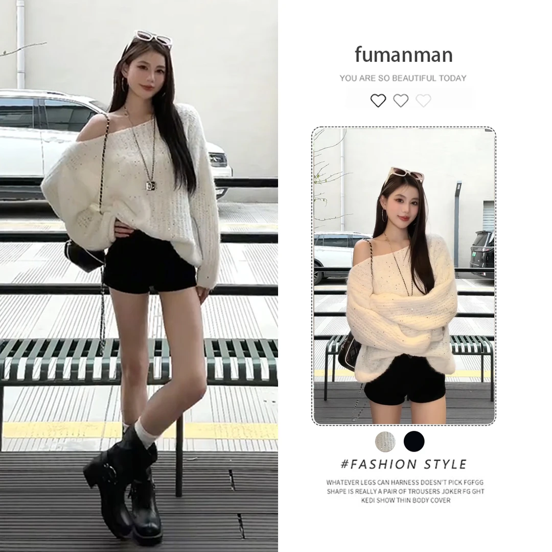 秋季韩系套装女2025新款设计感斜肩亮片针织衫搭配显瘦短裤两件套
