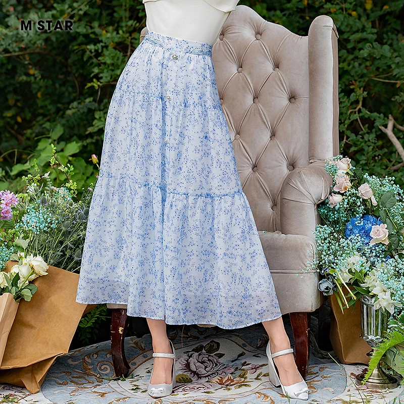 M-Star春季新款法式碎花轻薄中长半身裙显瘦裙子女气质SFEQ113661