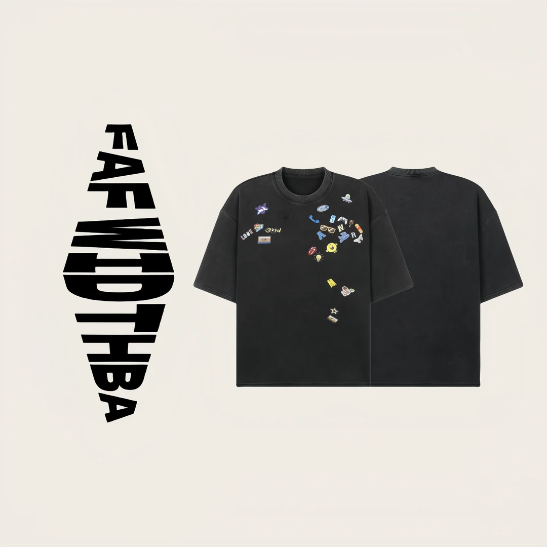 TX911 趣味贴纸康丽印花染色水洗做旧单缝线短袖t恤