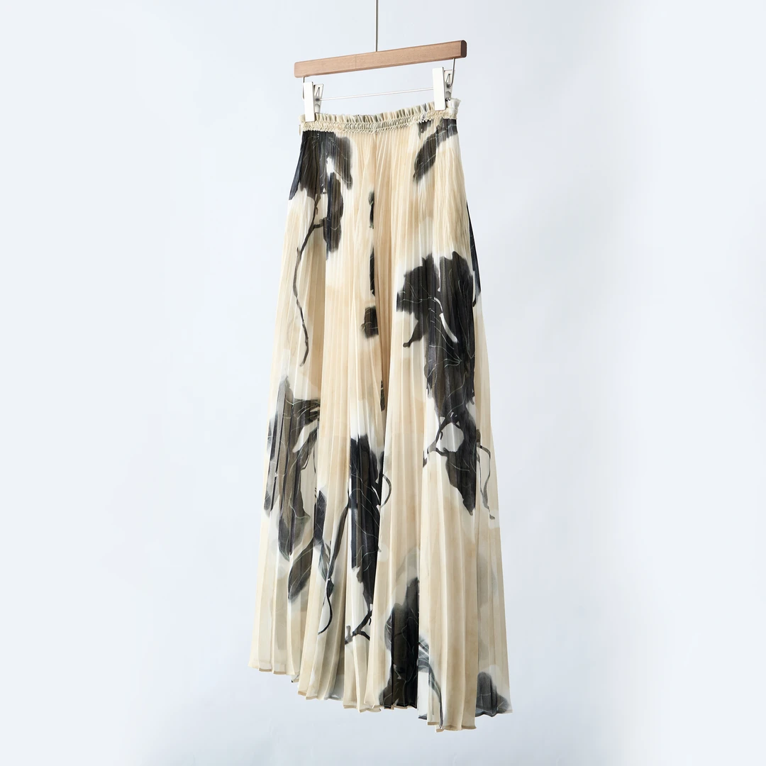 【YS11427】木巨上2.6k+2025夏季新款东方花影印花压褶A字半身裙女