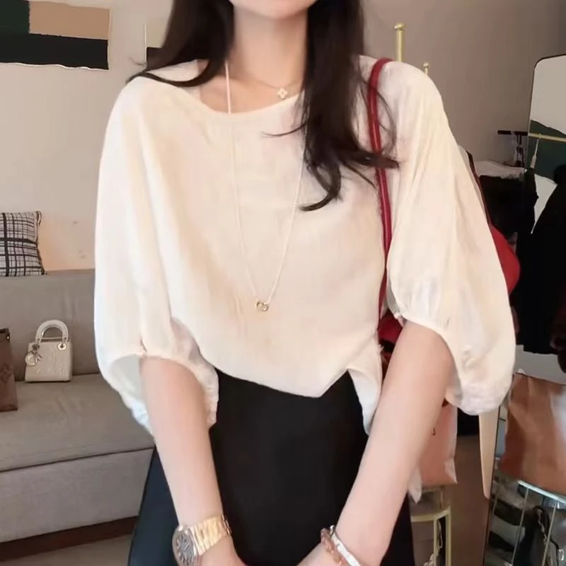 轻奢高级感褶皱纹理感圆领衬衫女轻薄上衣