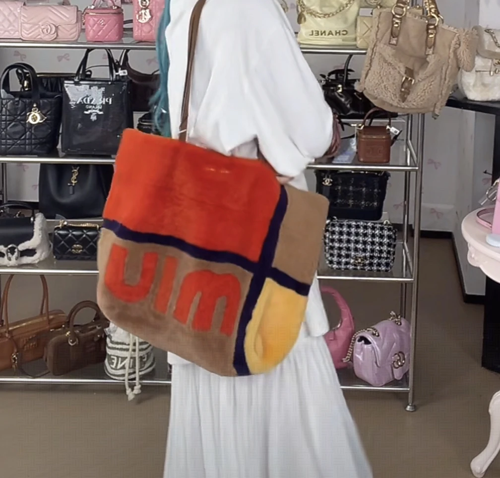95新 MIU MIU/缪缪 毛毛拼色子母托特单肩包66465283