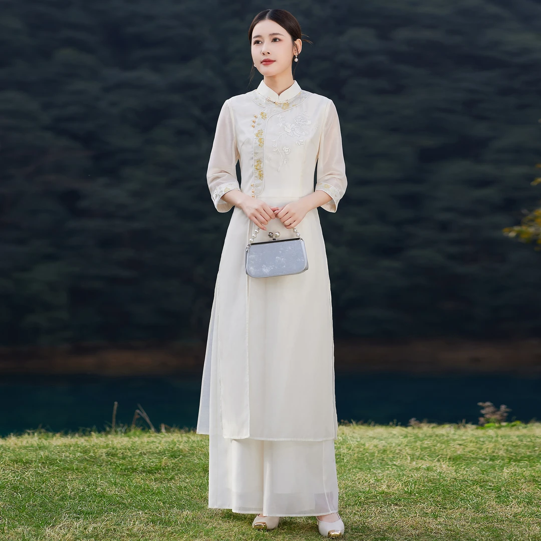 H018 改良中式套装奥黛旗袍女连衣裙刺绣上衣修身国风夏季两件套