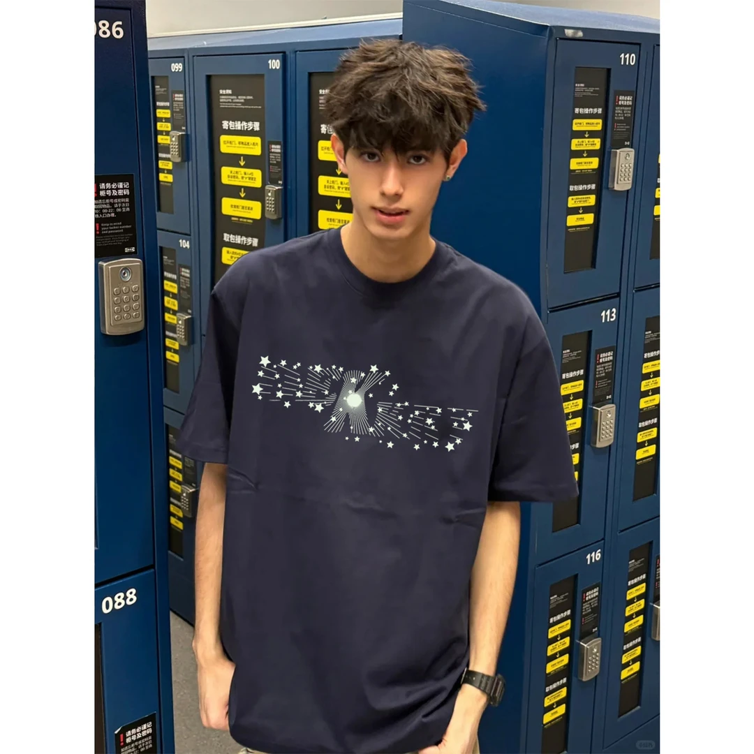 100%纯棉美式高街星星字母印花短袖T恤夏季男女潮牌休闲情侣上衣
