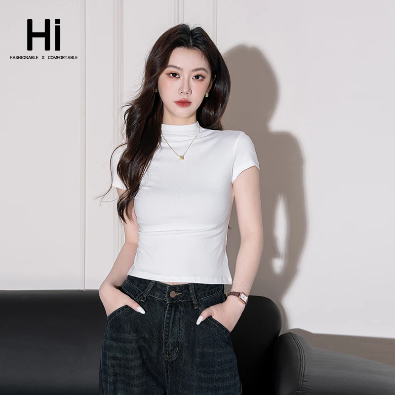 Hi黑色半高领短袖t恤女内搭夏2025新款修身显瘦百搭小衫短款上衣