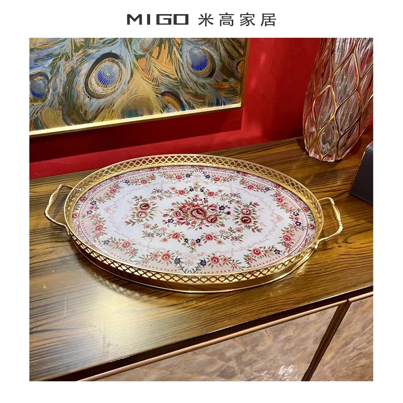 【米高家居】美式黄铜包瓷椭圆托盘适合欧式别墅装饰